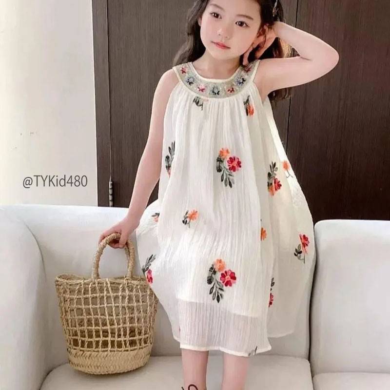 V480-Váy hè cao cấp bé gái, dáng cổ yếm voan tơ mềm thêu hoa Tiểu Yến KID