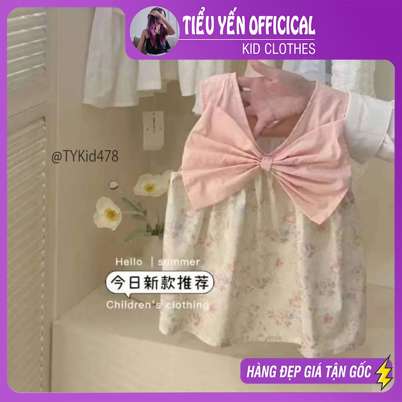 V478-Váy hè bé gái, váy thô hoa nhí hồng phối nơ Tiểu Yến KID