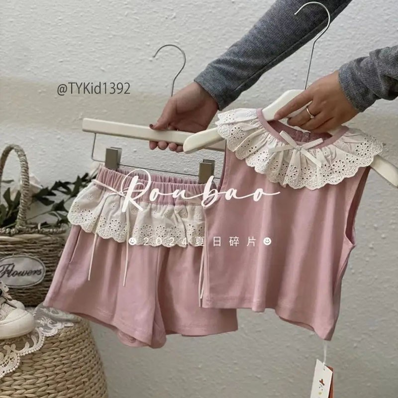 S1392-Quần áo hè bé gái, set thun hồng phối ren vải mềm mát Tiểu Yến KID