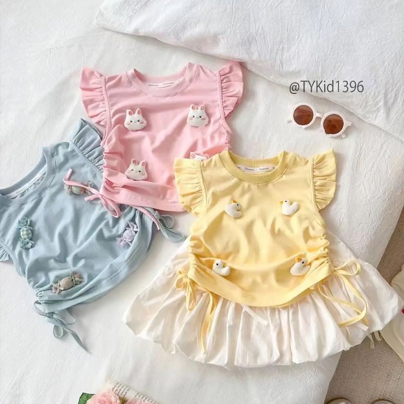 S1396-Quần áo hè bé gái, set áo vịt hồng và chân váy bí Tiểu Yến KID