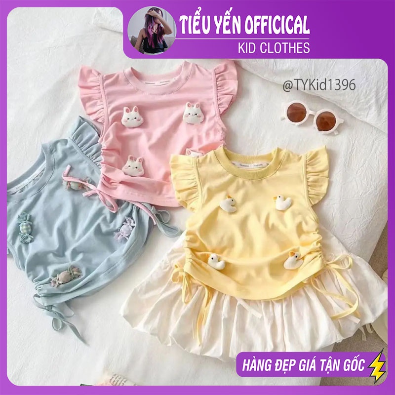 S1396-Quần áo hè bé gái, set áo vịt hồng và chân váy bí Tiểu Yến KID