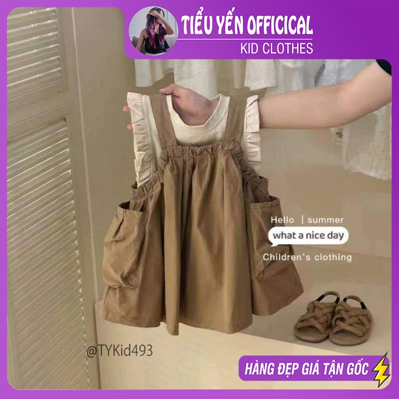 V493-Váy hè bé gái phong cách Hàn, váy yếm túi hộp vải mềm Tiểu Yến KID