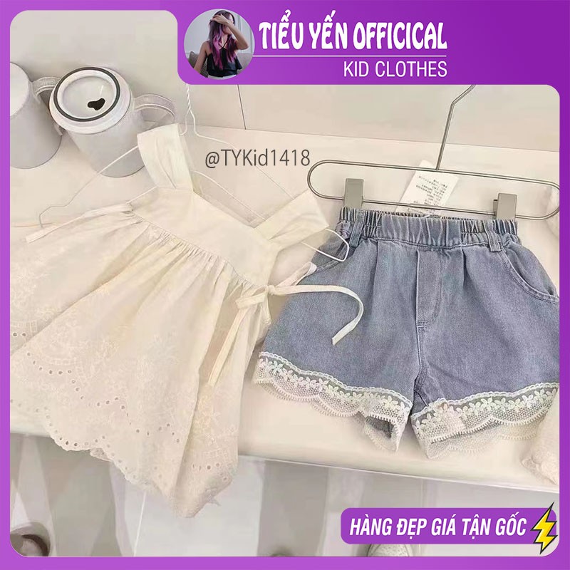 S1418-Quần áo hè bé gái, set 2 dây thô ren và quần jean vải mềm Tiểu Yến KID