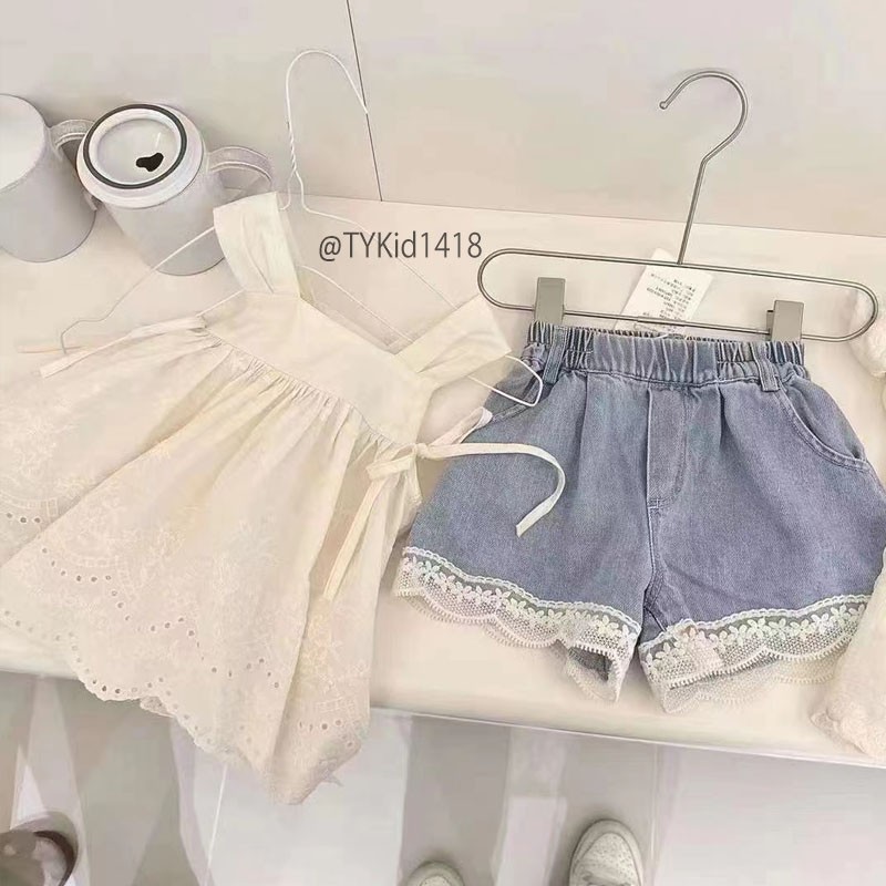 S1418-Quần áo hè bé gái, set 2 dây thô ren và quần jean vải mềm Tiểu Yến KID