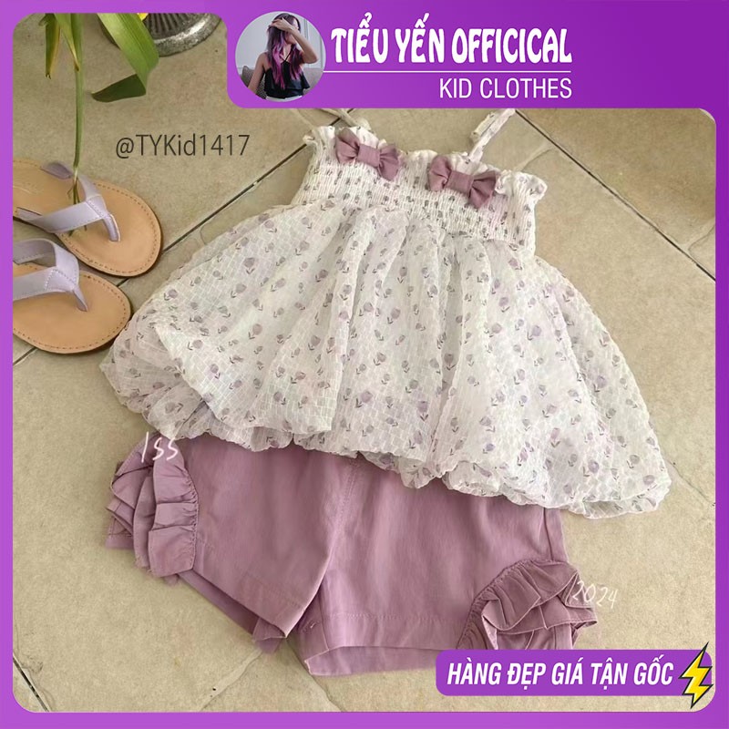 S1417-Quần áo hè bé gái, set áo 2 dây hoa nhí và quần phối bèo Tiểu Yến KID