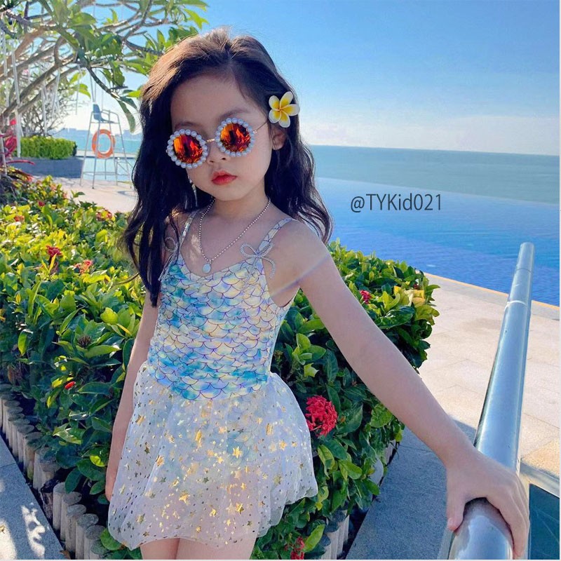 BK021-Đồ bơi bé gái, bộ bơi bikini tiên cá bé gái có kèm mũ Tiểu Yến KID