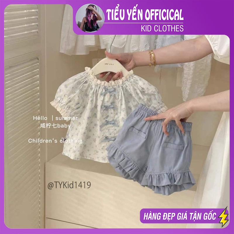 S1419-Quần áo hè bé gái, set áo thô hoa nhí xanh và quần phối bèo Tiểu Yến KID