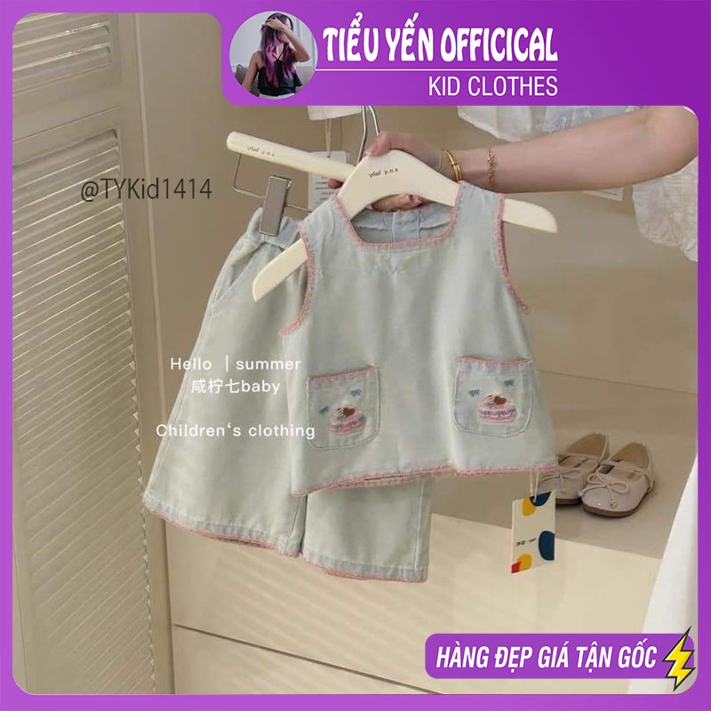 S1414-Quần áo hè cao cấp bé gái, set jean mềm túi thêu họa tiết Tiểu Yến KID