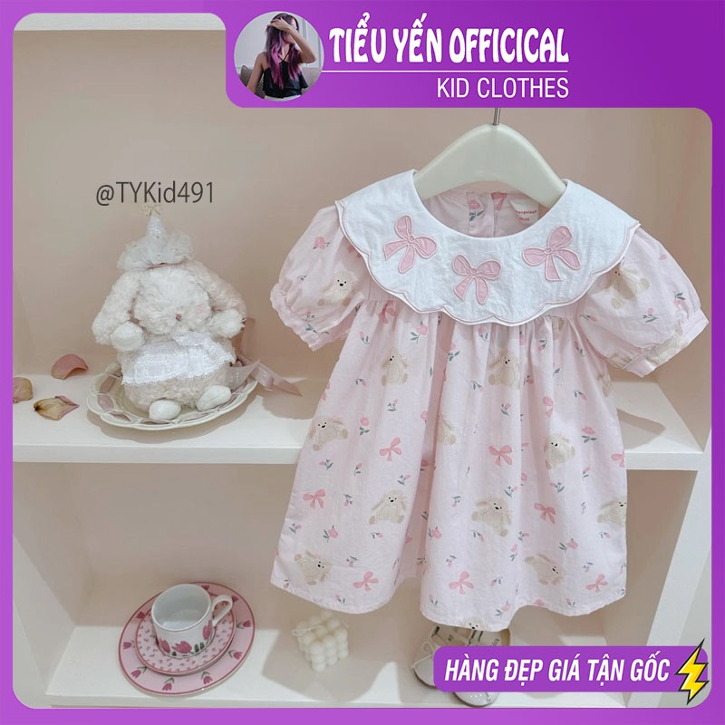 V491-Váy hè bé gái vải thô mềm, cổ thêu họa tiết nơ Tiểu Yến KID