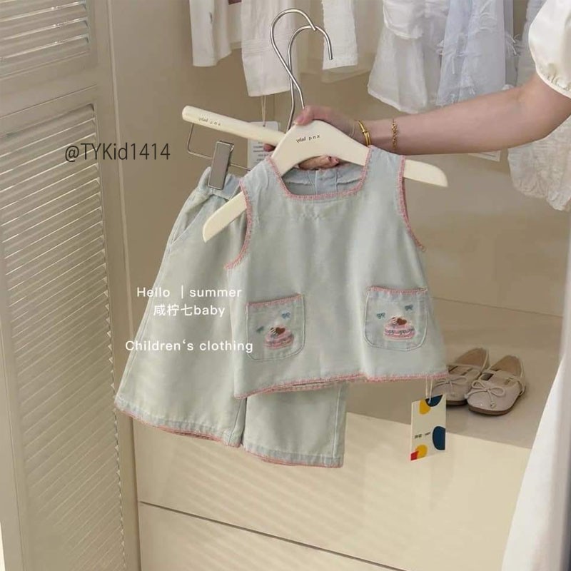 S1414-Quần áo hè cao cấp bé gái, set jean mềm túi thêu họa tiết Tiểu Yến KID