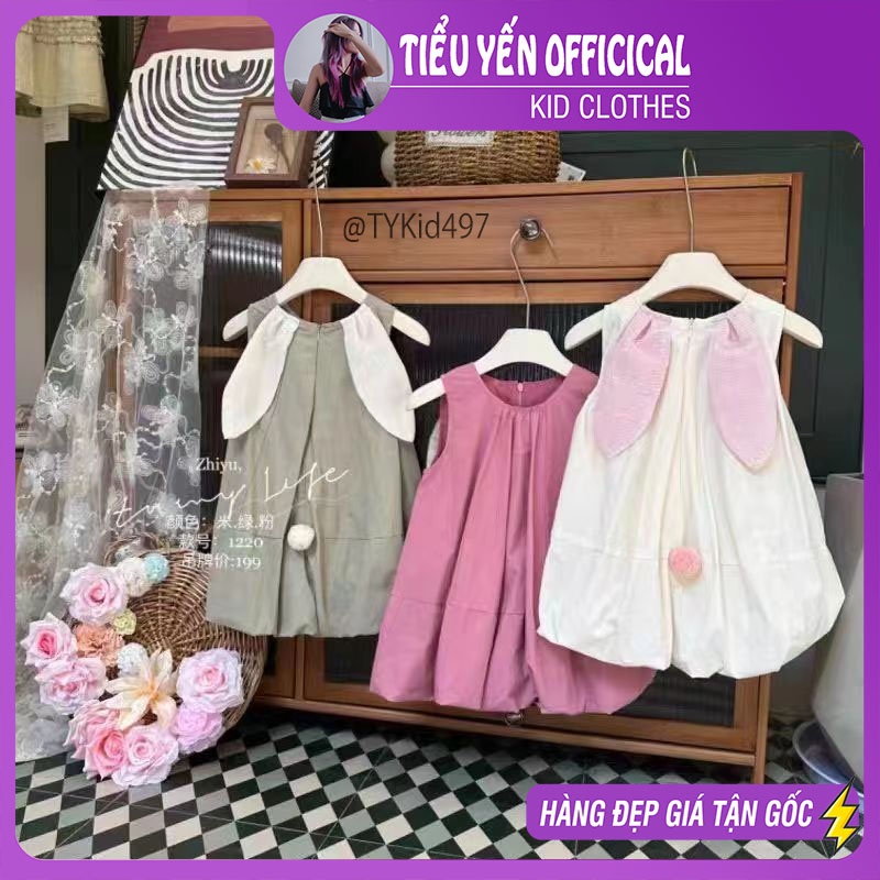 V497-Váy hè bé gái, váy tai thỏ dáng bí, vải thô mềm Tiểu Yến KID