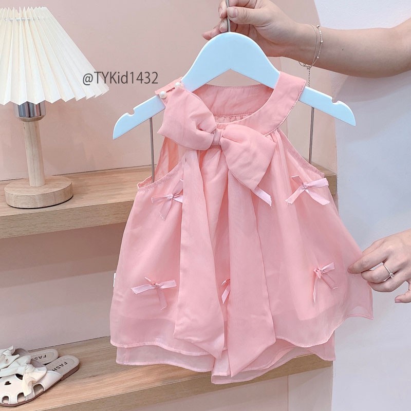 S1432-Quần áo hè bé gái, set tơ óng mềm dáng cổ yếm đính nơ Tiểu Yến KID