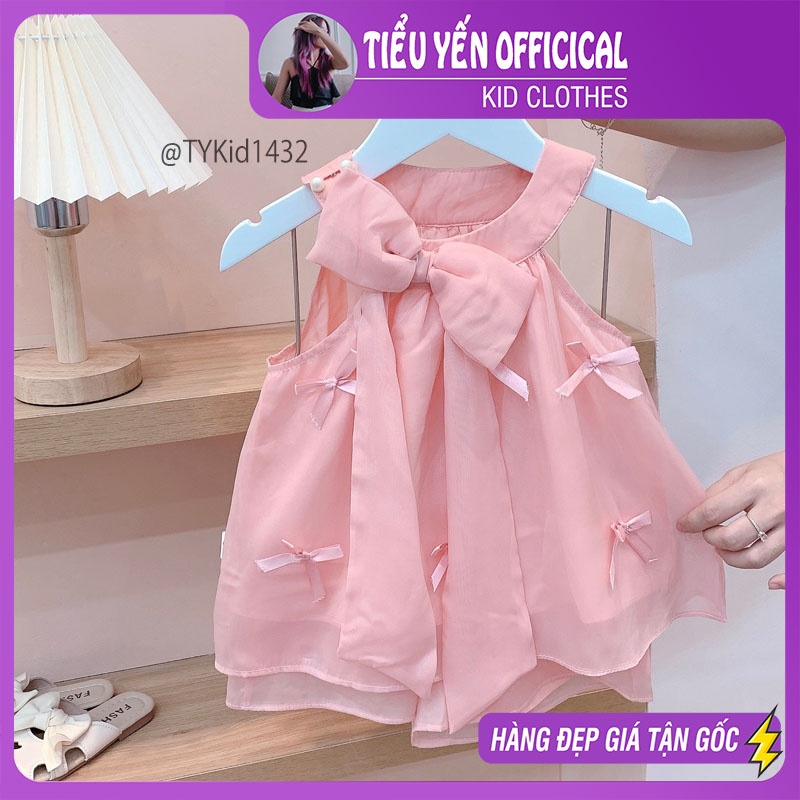 S1432-Quần áo hè bé gái, set tơ óng mềm dáng cổ yếm đính nơ Tiểu Yến KID