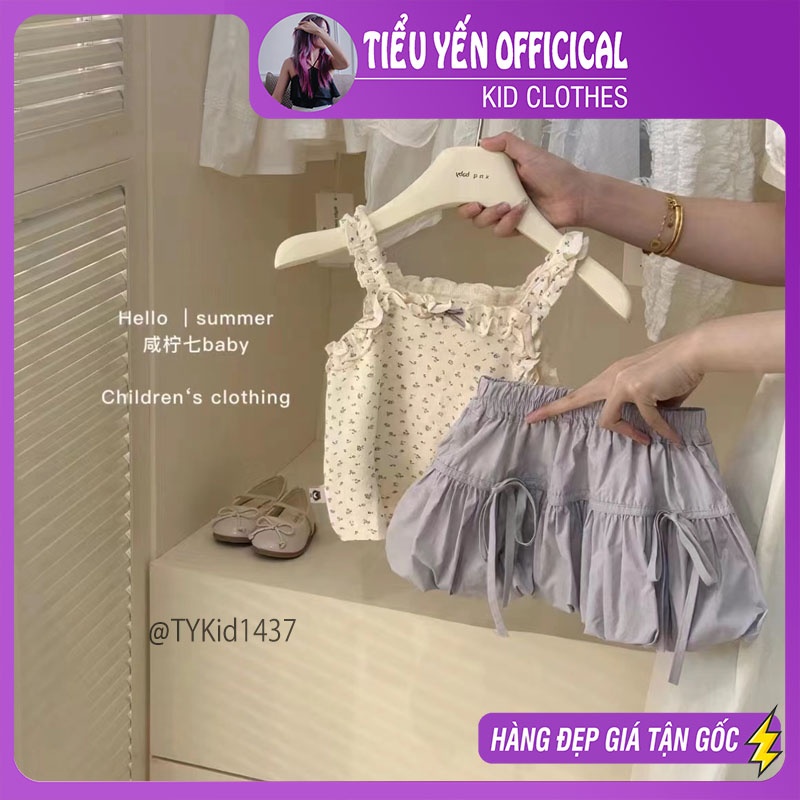 S1437-Quần áo hè bé gái, set áo 2 dây thun tăm và chân váy dáng bí Tiểu Yến KID