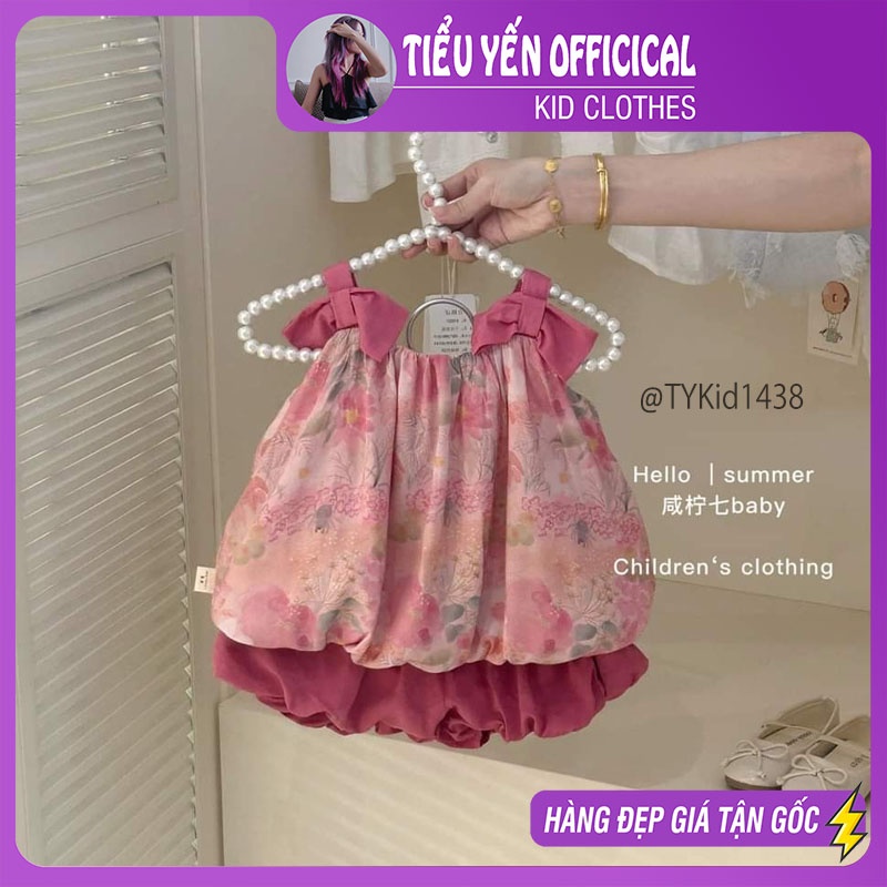 S1438-Quần áo hè bé gái, áo 2 dây hoa hồng và quần hồng dáng bí Tiểu Yến KID