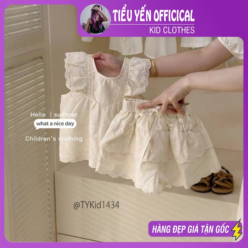 S1434-Quần áo hè bé gái cao cấp, set thô ren kem mềm Tiểu Yến KID