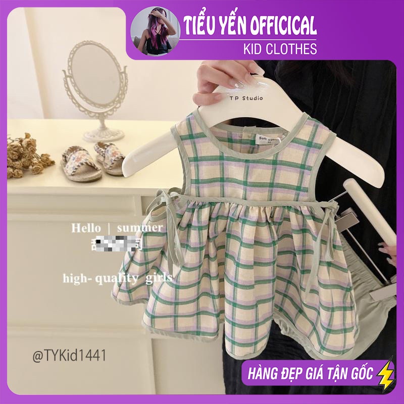 S1441-Quần áo hè bé gái, set áo thô caro xanh và quần đùi Tiểu Yến KID