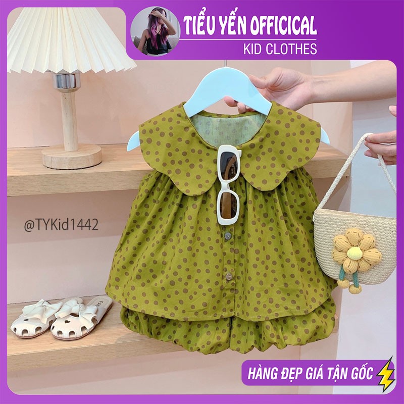 S1442-Quần áo hè bé gái, set bộ dáng bí họa tiết chấm bi xanh vải thô mềm Tiểu Yến KID