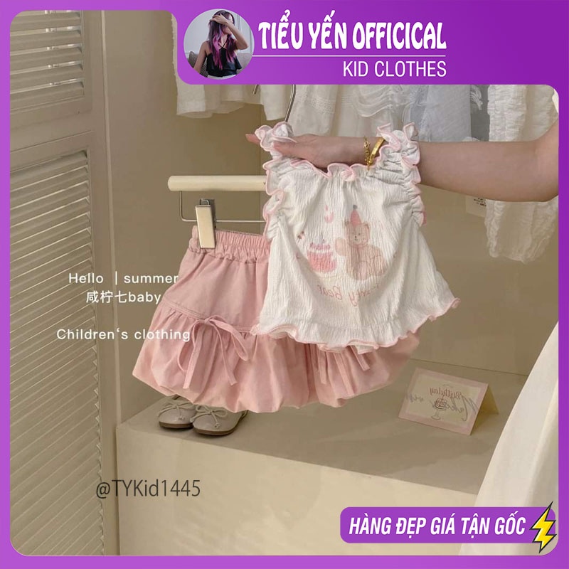 S1445-Quần áo hè bé gái, set áo gấu kem và chân váy hồng dáng bí Tiểu Yến KID