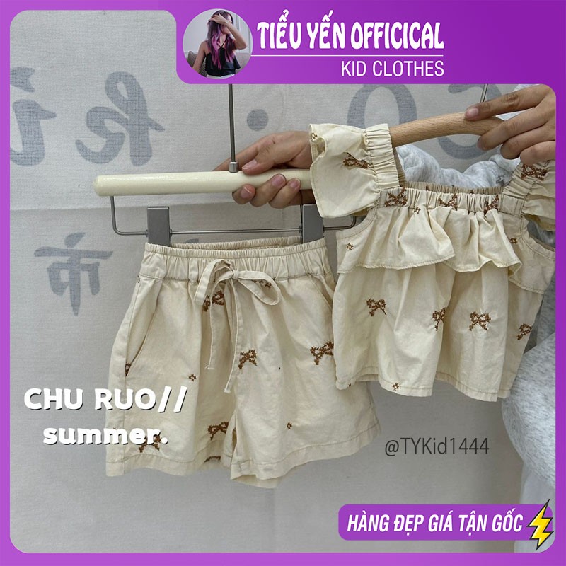 S1444-Quần áo hè bé gái phong cách Hàn, dáng cánh tiên vải thô mềm thêu nơ Tiểu Yến KID