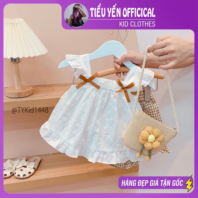 S1448-Quần áo hè bé gái, set áo 2 dây thêu hoa và quần thô mềm Tiểu Yến KID