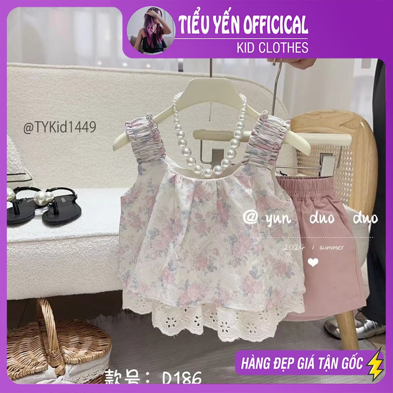 S1449-Quần áo hè bé gái, set áo 2 dây thô hoa mềm và quần kaki Tiểu Yến KID