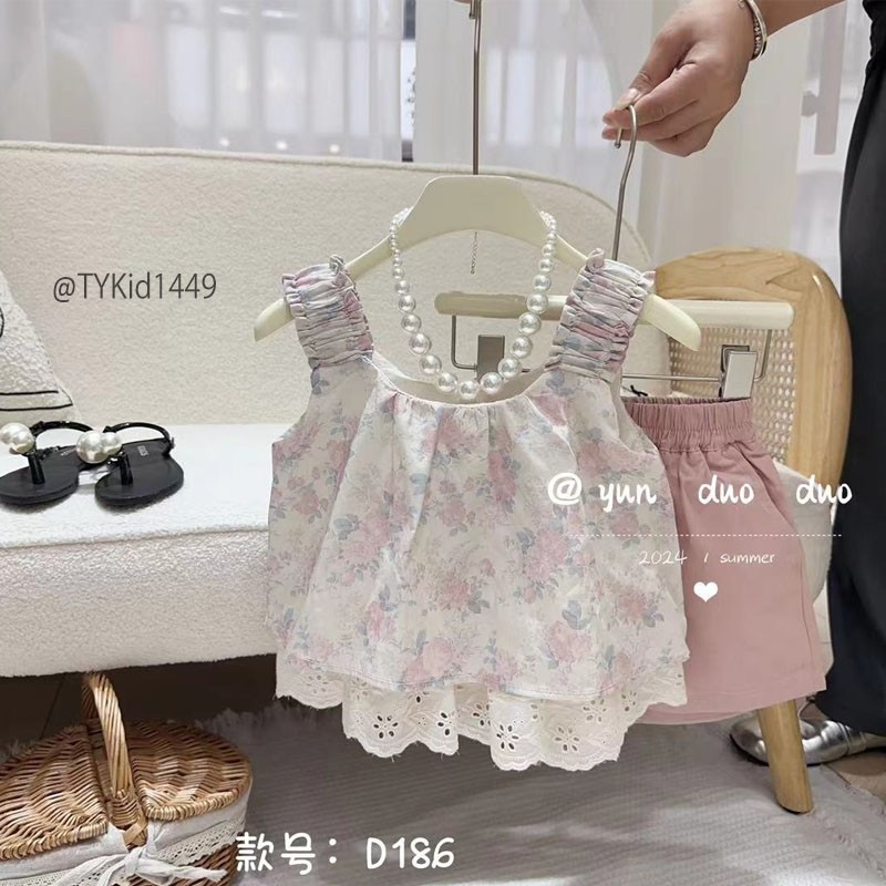 S1449-Quần áo hè bé gái, set áo 2 dây thô hoa mềm và quần kaki Tiểu Yến KID