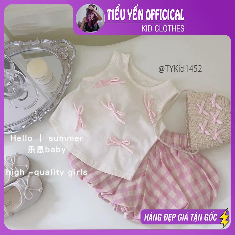 S1452-Quần áo hè bé gái, áo thun đính nơ và quần bí caro hồng Tiểu Yến KID