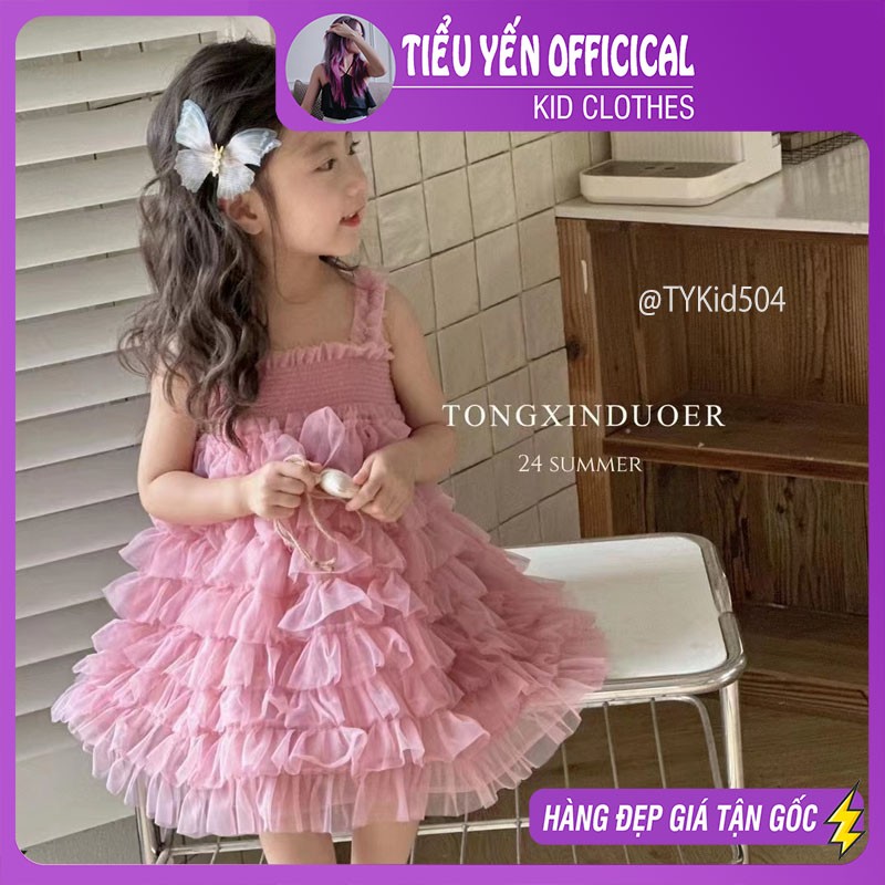 V504-Váy công chúa dáng 2 dây xòe nhiều tầng, voan mềm mát Tiểu Yến KID