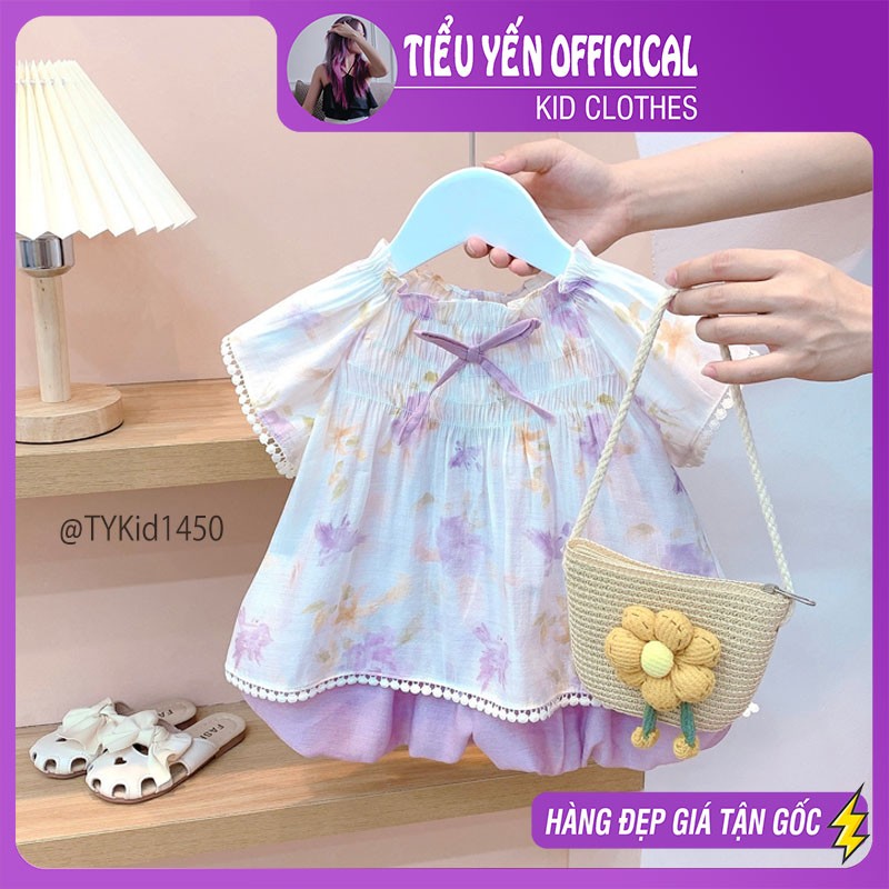 S1450-Quần áo hè bé gái, set tơ hoa tím vải mềm mát Tiểu Yến KID