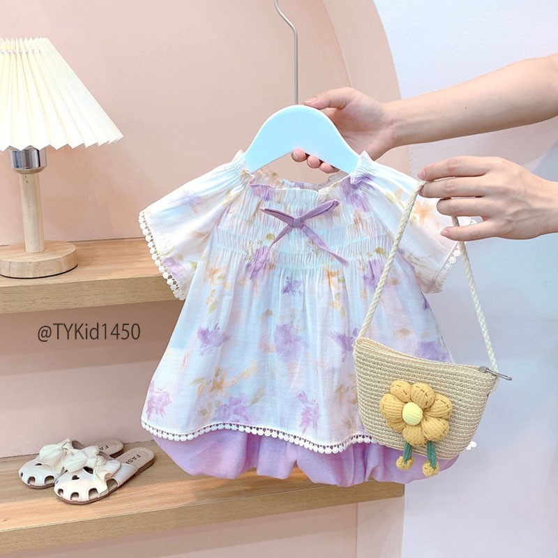 S1450-Quần áo hè bé gái, set tơ hoa tím vải mềm mát Tiểu Yến KID