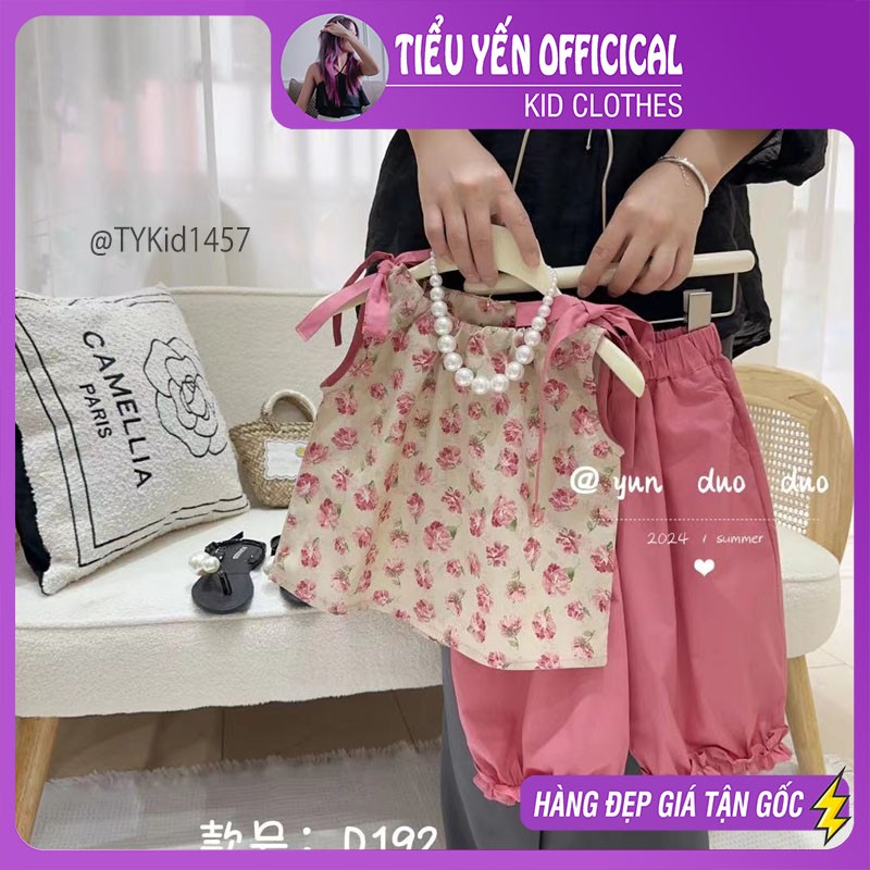 S1457-Quần áo hè bé gái cao cấp, áo thô hoa hồng và quần dáng lửng Tiểu Yến KID