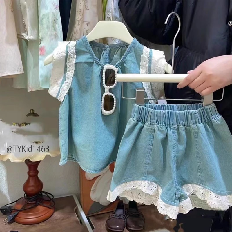 S1463-Quần áo hè bé gái, set jean mềm phối ren Tiểu Yến KID