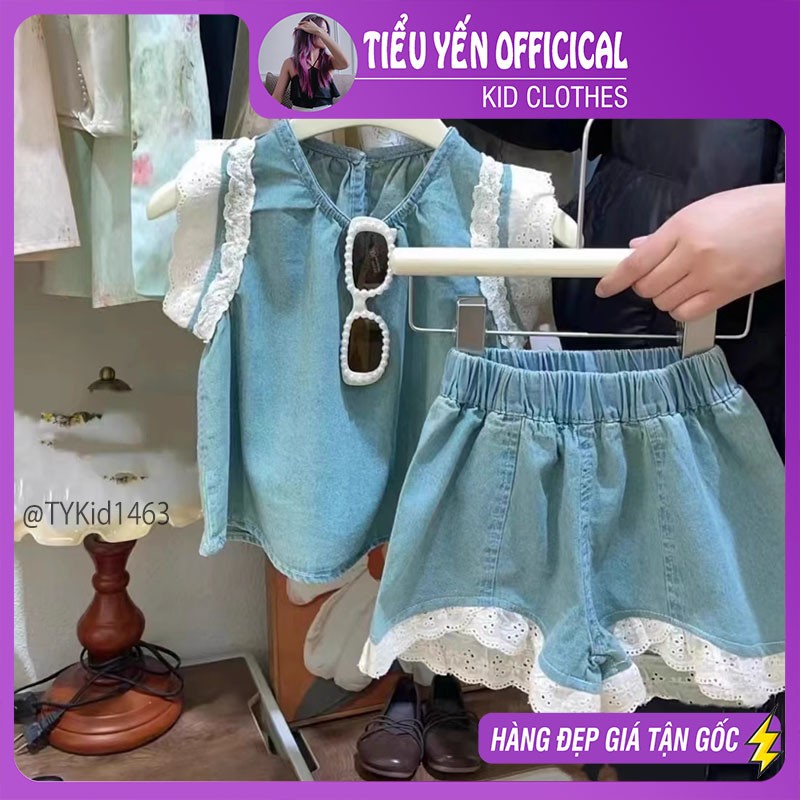 S1463-Quần áo hè bé gái, set jean mềm phối ren Tiểu Yến KID