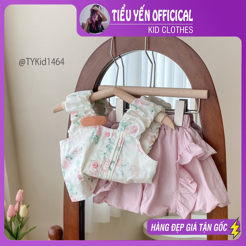 S1464-Quần áo hè bé gái, set 2 dây thô họa tiết hoa hồng và quần bí Tiểu Yến KID