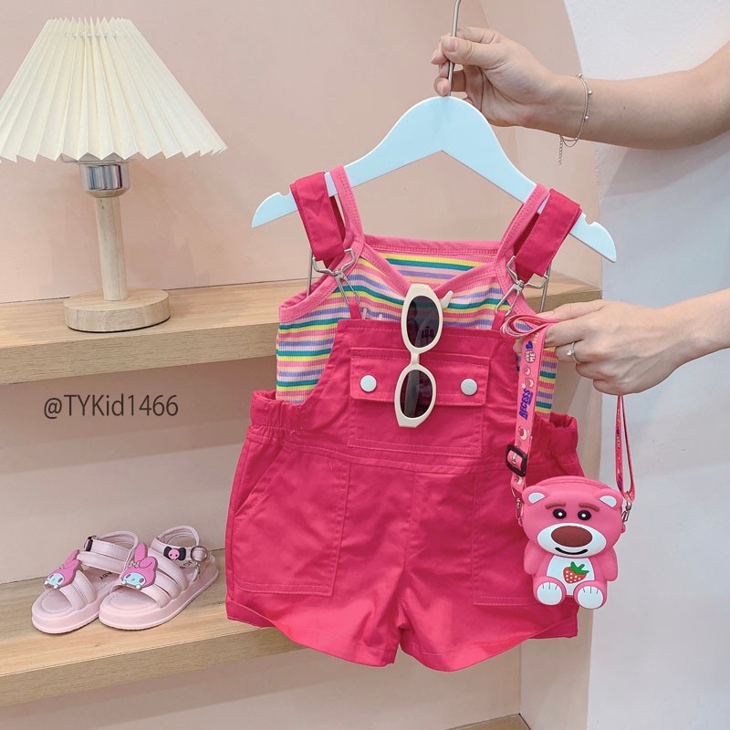 S1466-Yếm hè bé gái, set yếm hồng và áo 2 dây thun tăm Tiểu Yến KID