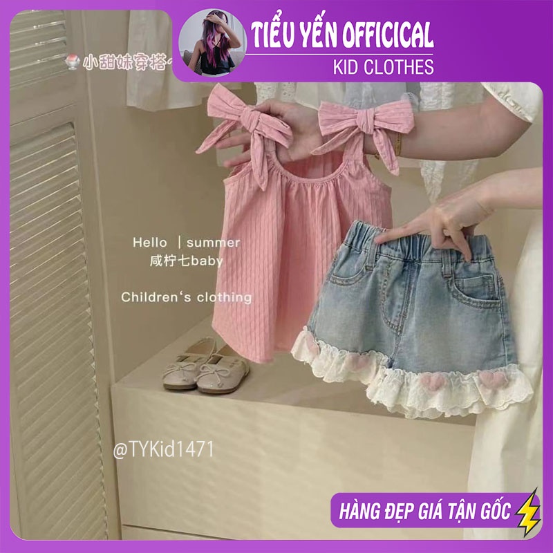 S1471-Quần áo hè bé gái, set 2 dây thô hồng và quần jean Tiểu Yến KID