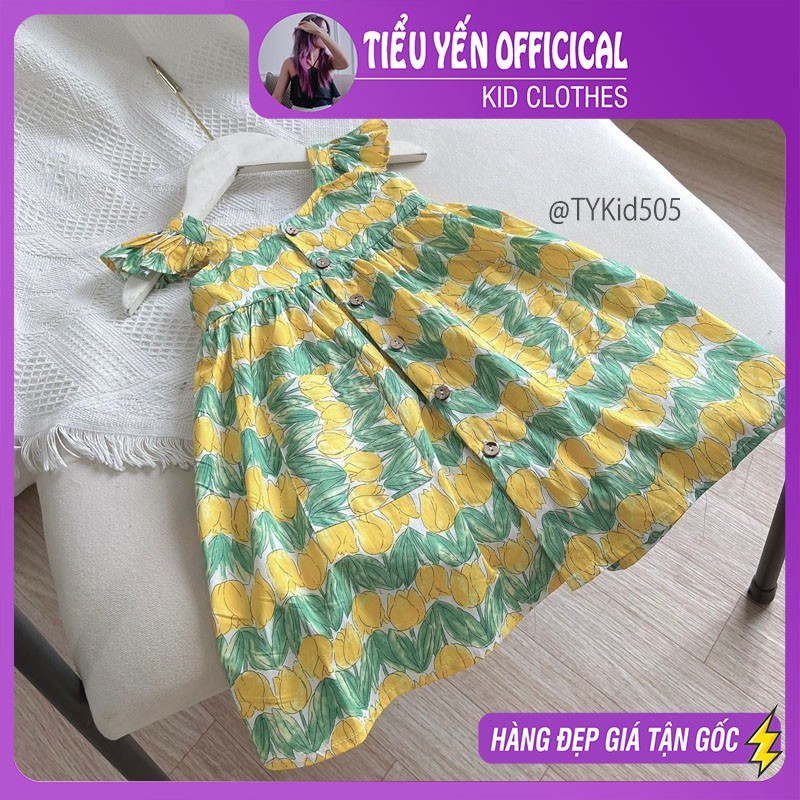 V505-Váy hè bé gái, váy 2 dây cánh tiên vải thô mềm họa tiết hoa tulip Tiểu Yến KID