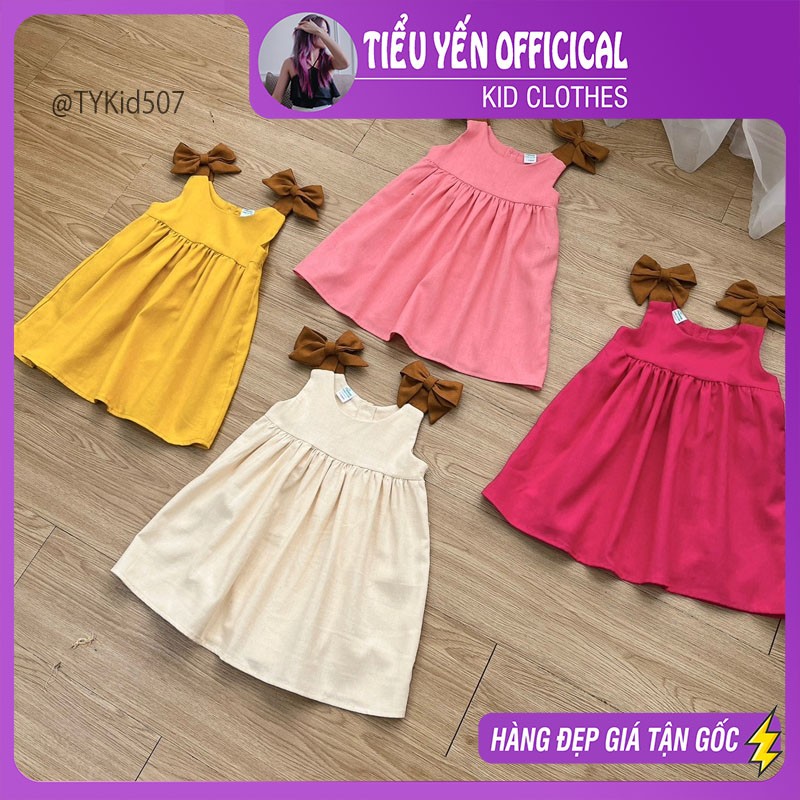 V507-Váy hè bé gái, váy thô 2 dây phối nơ vai 3 màu Tiểu Yến KID