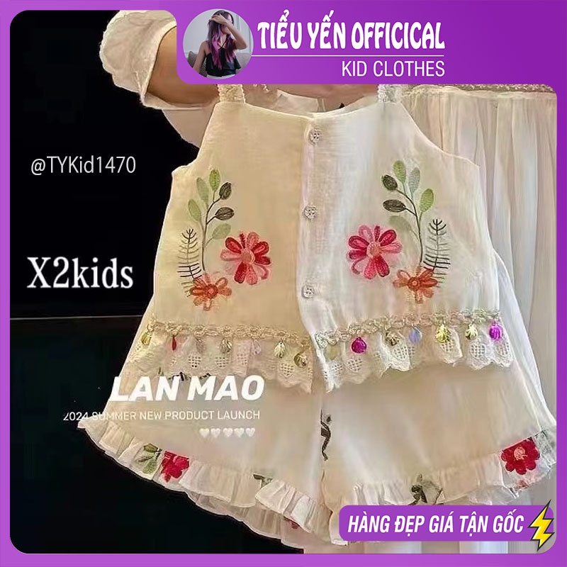 S1470-Quần áo hè bé gái, set áo 2 dây tơ và quần thêu họa tiết Tiểu Yến KID