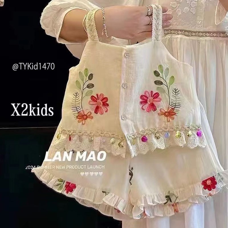 S1470-Quần áo hè bé gái, set áo 2 dây tơ và quần thêu họa tiết Tiểu Yến KID