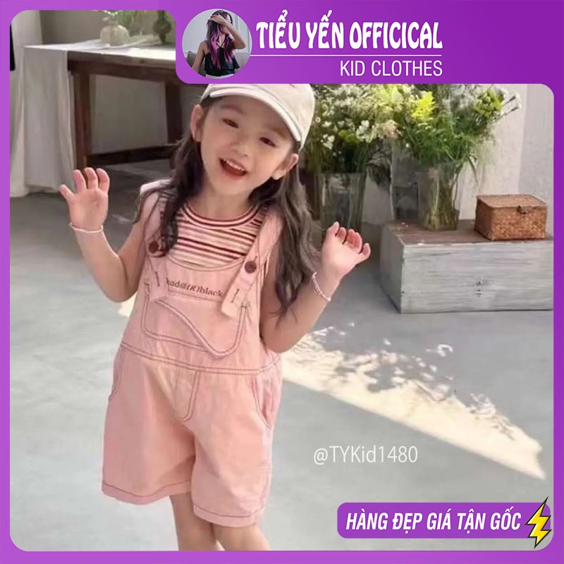 S1480-Yếm hè bé gái, set yếm hồng và áo thun tăm kẻ Tiểu Yến KID