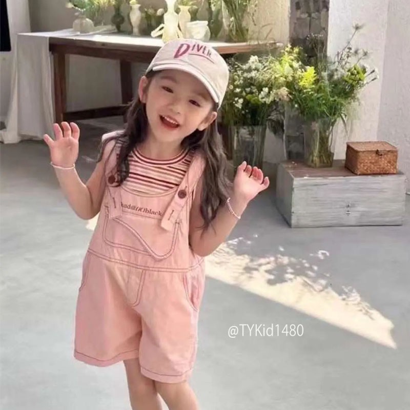 S1480-Yếm hè bé gái, set yếm hồng và áo thun tăm kẻ Tiểu Yến KID