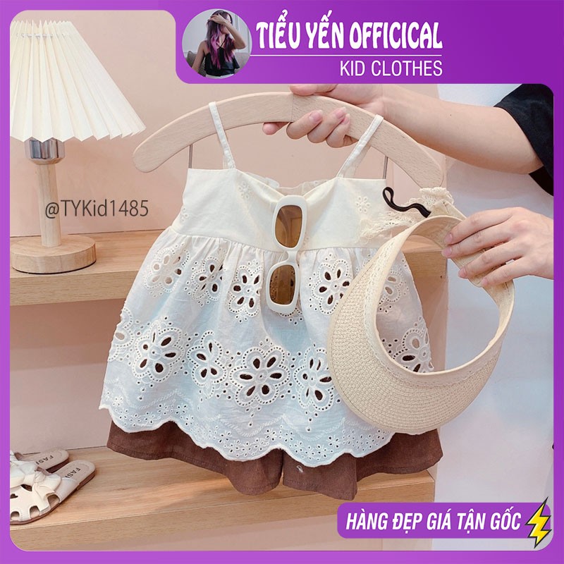 S1485-Quần áo hè bé gái, set 2 dây thô thêu hoa và quần váy Tiểu Yến KID