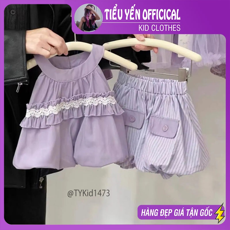 S1473-Quần áo hè bé gái, set áo 2 dây cổ yếm và quần dáng bí màu tím Tiểu Yến KID