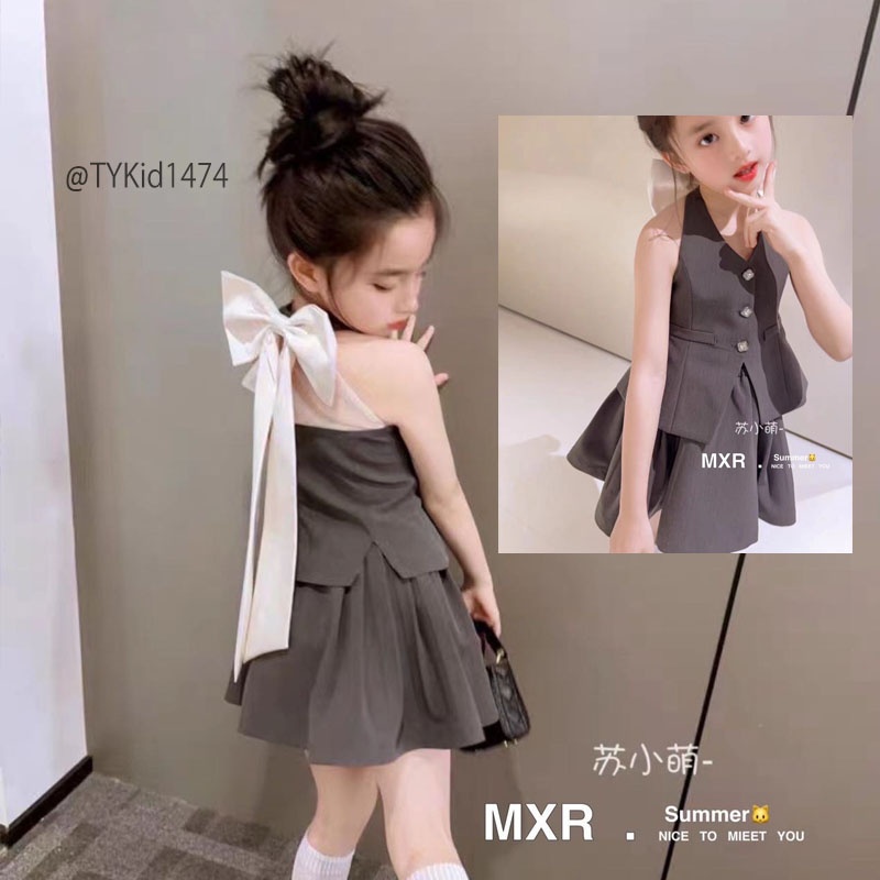 S1474-Quần áo hè bé gái, set áo gile cổ yếm và chân váy xòe Tiểu Yến KID