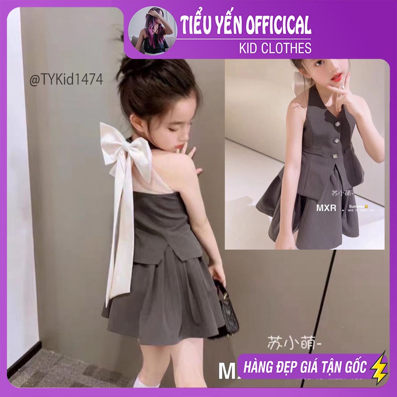 S1474-Quần áo hè bé gái, set áo gile cổ yếm và chân váy xòe Tiểu Yến KID