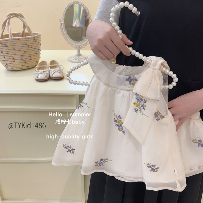 S1486-Quần áo hè bé gái, set tơ cổ yếm thêu hoa Tiểu Yến KID