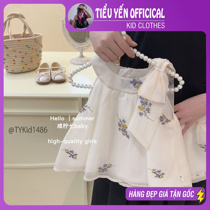 S1486-Quần áo hè bé gái, set tơ cổ yếm thêu hoa Tiểu Yến KID