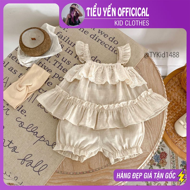 S1488-Quần áo hè bé gái, set 2 dây cánh tiên vải thô mềm phối ren Tiểu Yến KID